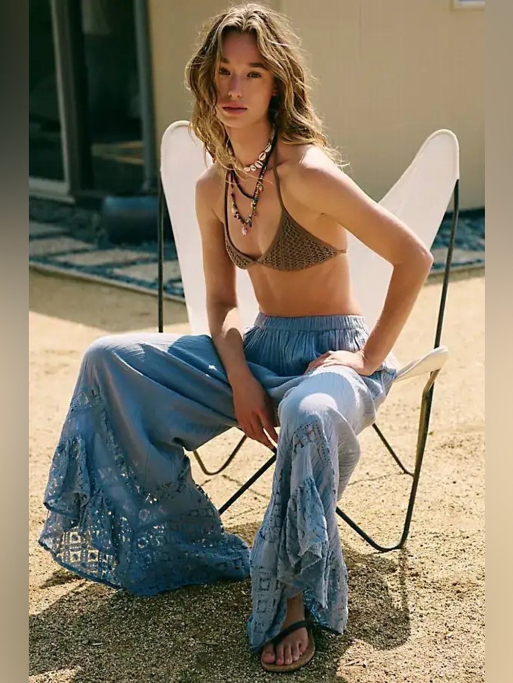 NEW Free People Pansy Pants Lace Trim Cotton Blue Flowy Wide Leg XL